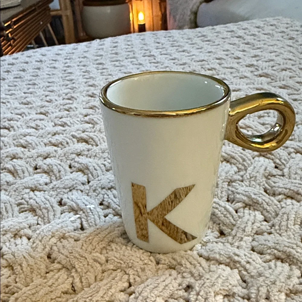 West Elm Gold and White Monogram Mug K
